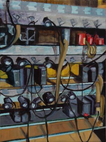 Miners&rsquo; Lamps, Kohtla-Nomme Mine, Ida-Virumaa Estonia | Oil on canvas 40 x 30 cm framed 2024 | Judy Carroll Deeley